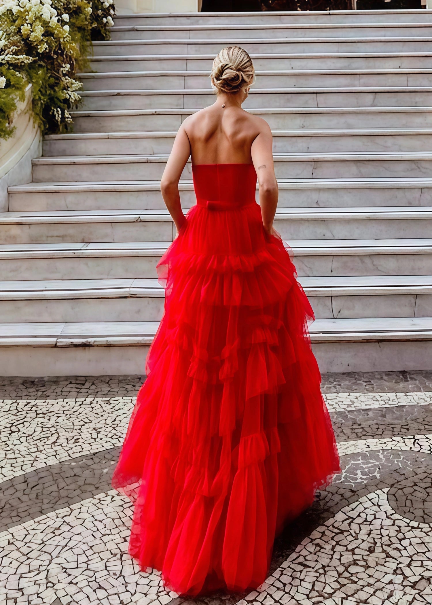 Hazel |A - Line Strapless Ruffled Red Tulle Long Prom Dress With Tiered Ruffles - Red - US0 - PromDressClub