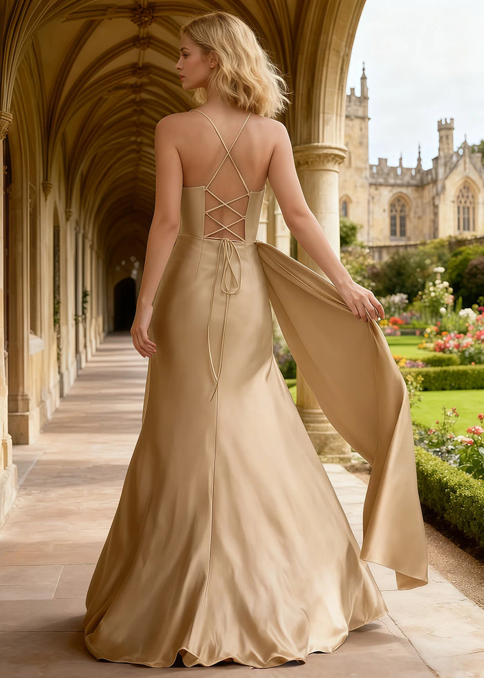 Hazel Champagne Satin Cowl Neck Prom Dress | Sheath Spaghetti Strap Pleated Evening Dress with Slit - Champagne - PromDressClub