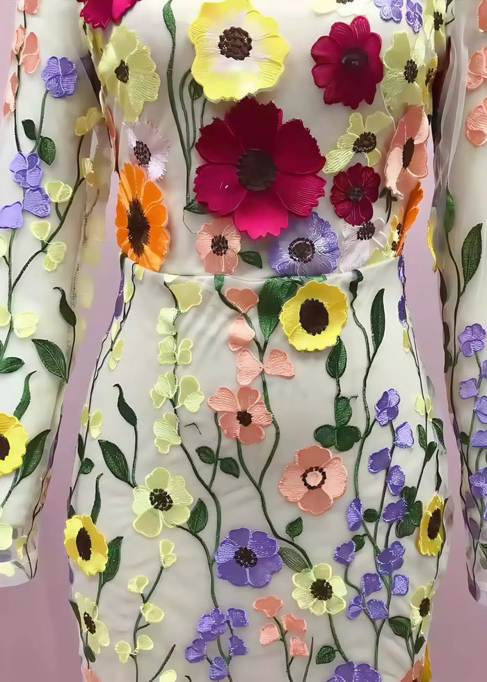 Hazel  | Elegant Champagne Tulle High Neck Long Sleeve Flower Prom Dress - Champagne Floral - PromDressClub