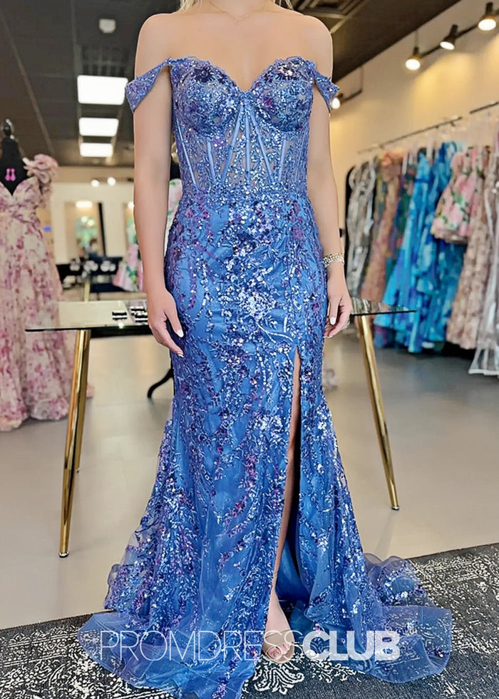 Hazel |Long Black Prom Dresses Near Me With Sequins Mermaid Off the Shoulder Split - Price #price_variant_lowest# - Dark Blue - PromDressClub
