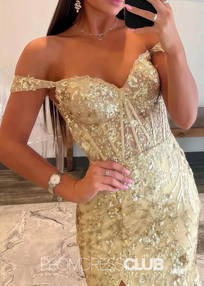 Hazel |Long Black Prom Dresses Near Me With Sequins Mermaid Off the Shoulder Split - Price #price_variant_lowest# - Gold - PromDressClub