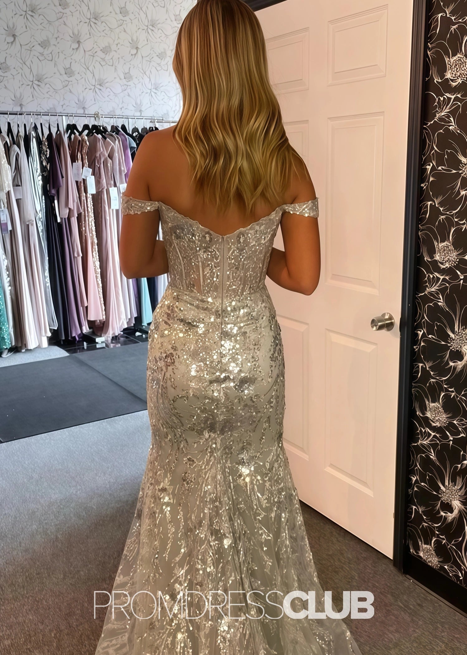 Hazel |Long Black Prom Dresses Near Me With Sequins Mermaid Off the Shoulder Split - Silver - US0 - PromDressClub