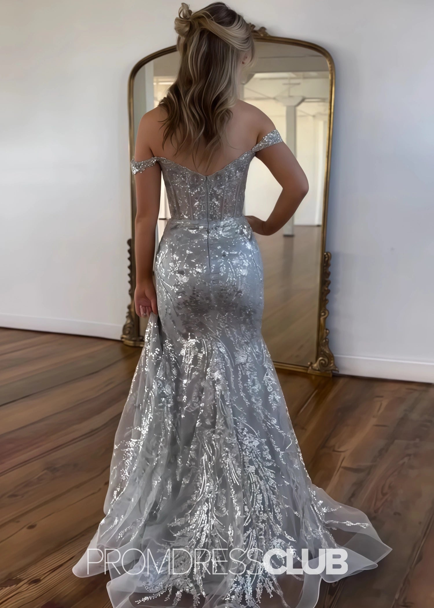 Hazel |Long Black Prom Dresses Near Me With Sequins Mermaid Off the Shoulder Split - Silver - US0 - PromDressClub