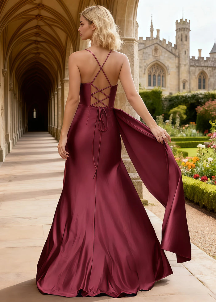 Hazel Pomegranate Satin Cowl Neck Prom Dress | Sheath Spaghetti Strap Pleated Evening Dress with Slit - Pomegranate - PromDressClub