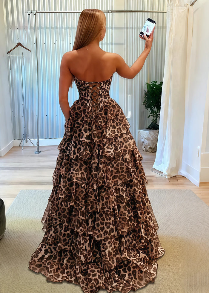 Hedda Corset Leopard Prom Dress Ruffles | A - Line Strapless Strapless Sweehteart Neckline Lace Detail Formal Dress with Slit - Leopard - PromDressClub