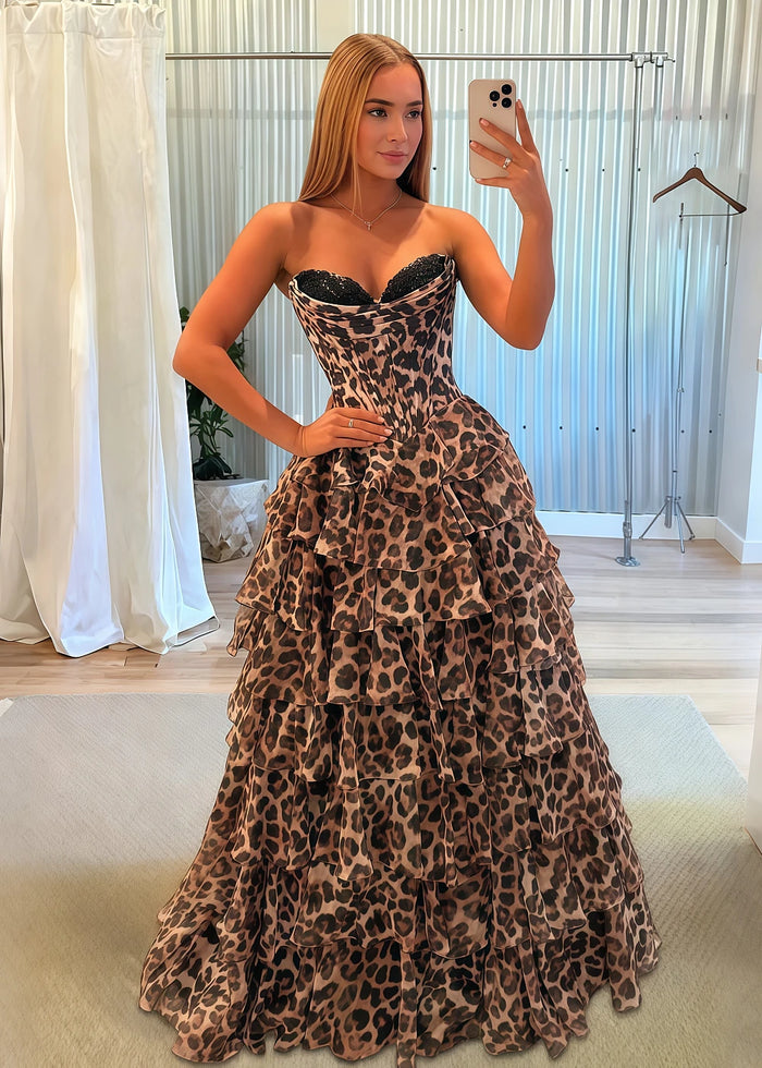 Hedda Corset Leopard Prom Dress Ruffles | A - Line Strapless Strapless Sweehteart Neckline Lace Detail Formal Dress with Slit - Leopard - PromDressClub