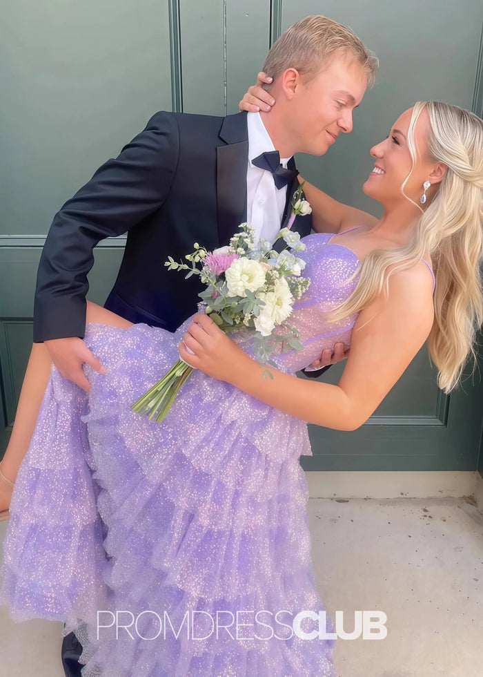 Hedda |Long Lilac Prom Dresses Near Me With Sparkly Princess Spaghetti Straps Tulle Tiered - Price #price_variant_lowest# - Lilac - PromDressClub