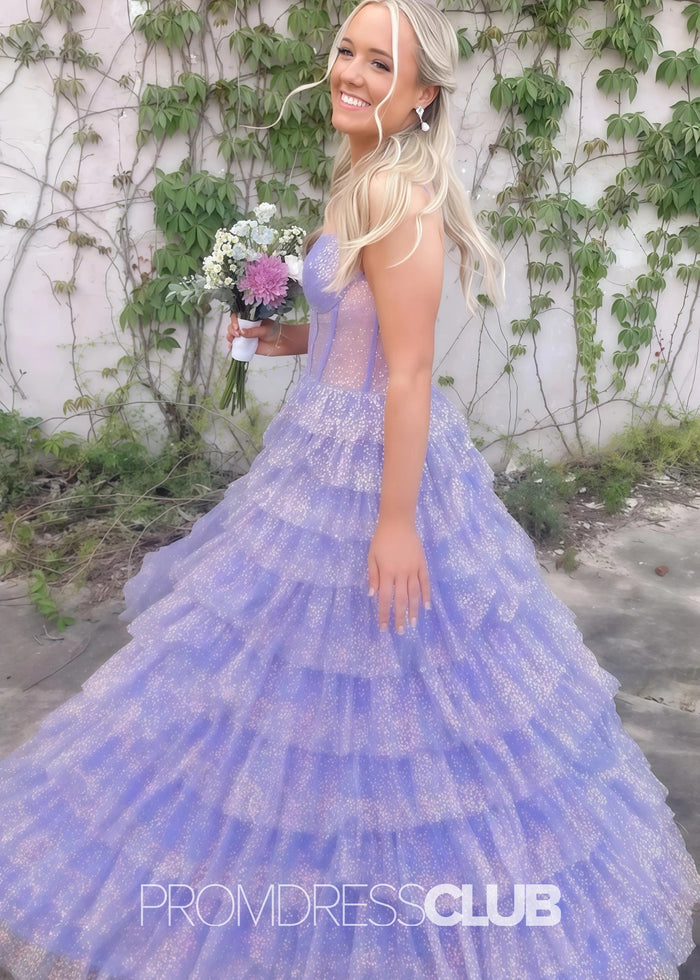 Hedda |Long Lilac Prom Dresses Near Me With Sparkly Princess Spaghetti Straps Tulle Tiered - Price #price_variant_lowest# - Lilac - PromDressClub