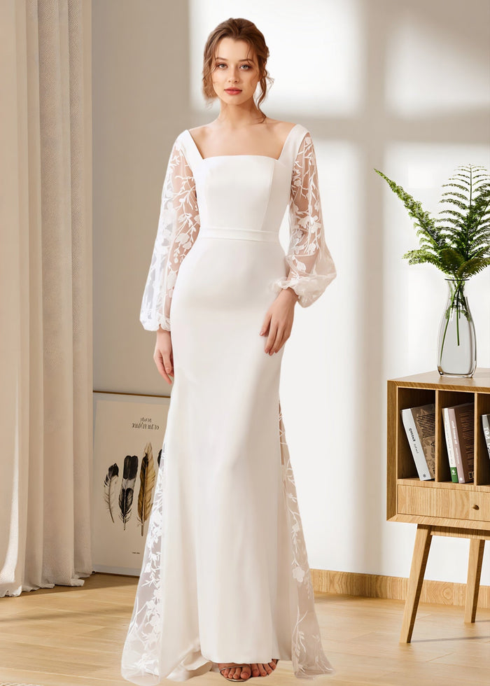 Hedda | Mermaid Square Neck Long Sleeve Backless White Satin Wedding Dress with Bow - Price #price_variant_lowest# - White - PromDressClub