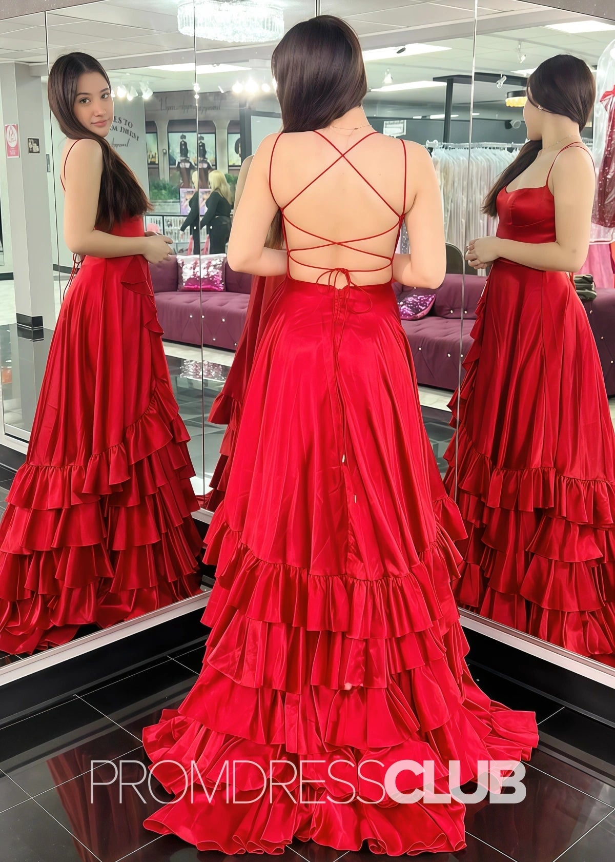 Hedy | A Line Lace - Up Ruffle Long Red Prom Dress - Red - PROMDRESS Club