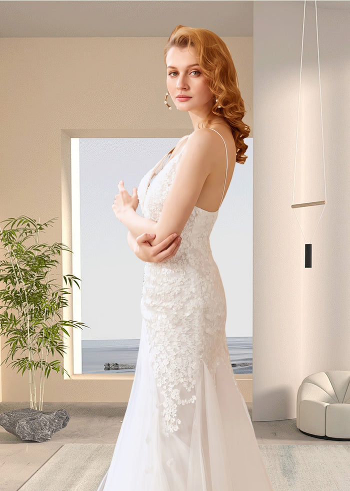 Helen | Boho Mermaid Spaghetti Strap Open Back White Lace Wedding Dress with Sweep Train - Price #price_variant_lowest# - White - PromDressClub