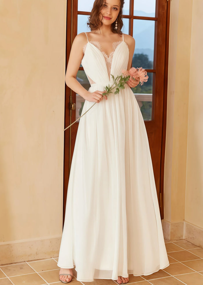 Heloise | Boho A Line Spaghetti Strap Backless Corset White Wedding Dress with V Neck - Price #price_variant_lowest# - White - PromDressClub