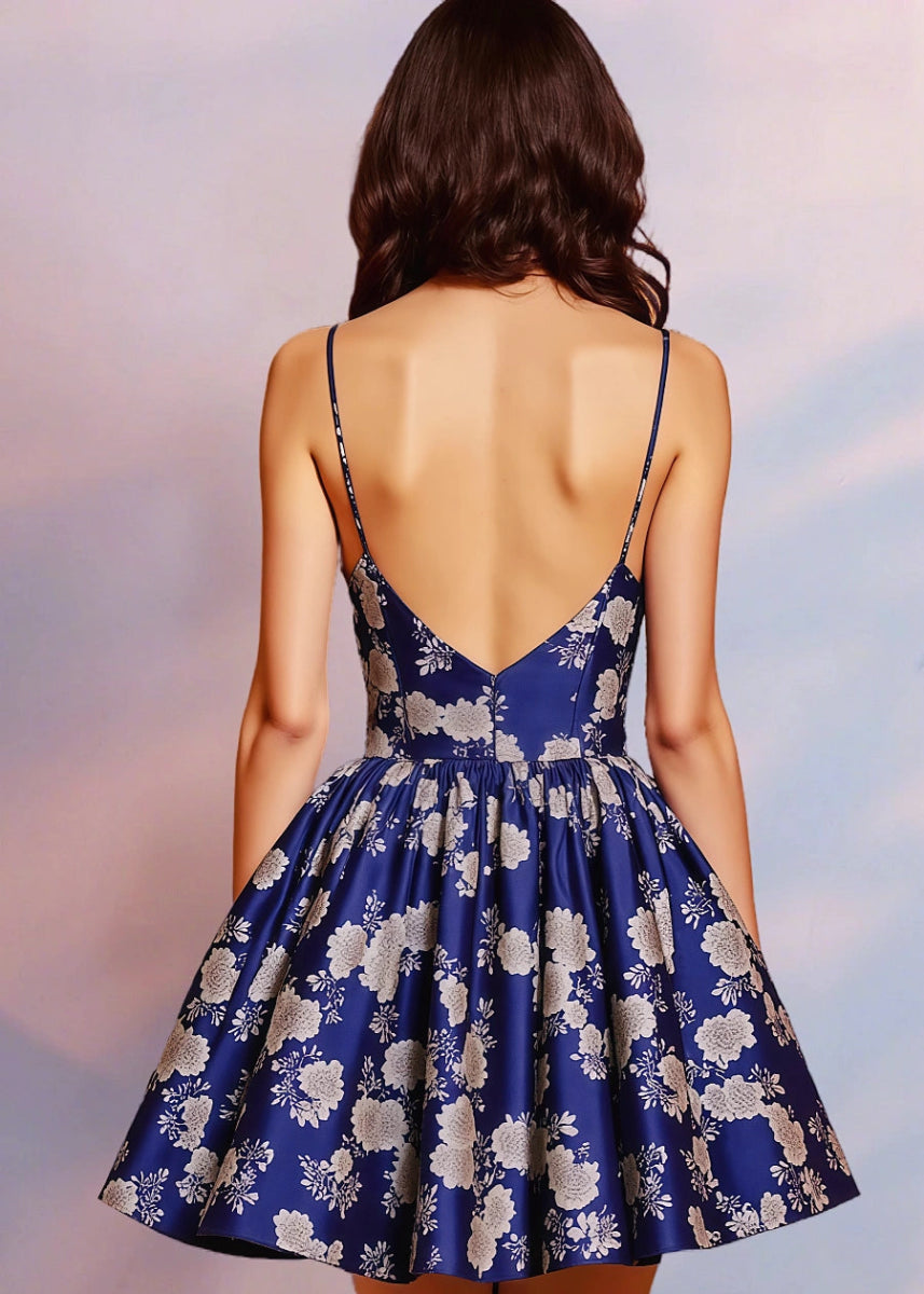 Heloise | Navy Blue Floral Backless Homecoming Dress - Shine at Prom! - Navy Floral - PromDressClub
