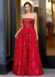 Hermosa | Strapless Pleating Applique Floor Length Red Prom Dress - Red - PROMDRESS Club