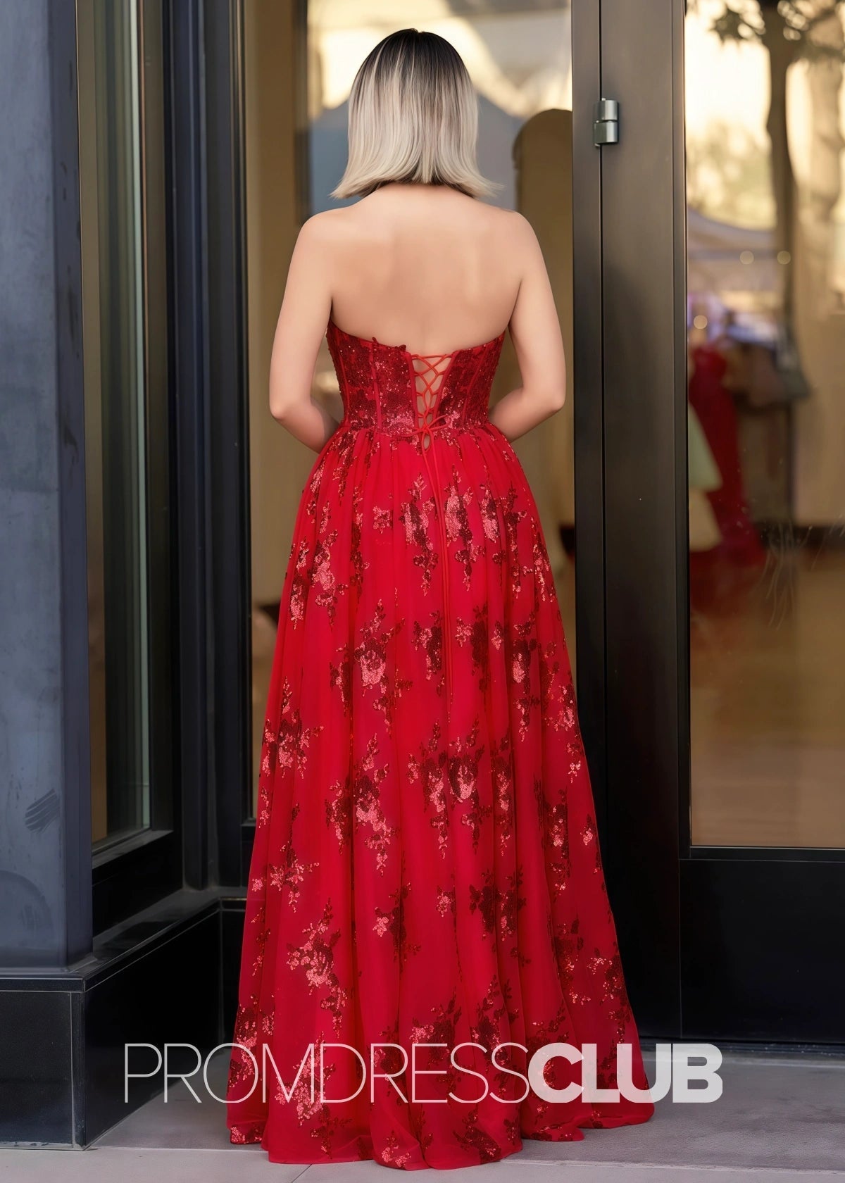 Hermosa | Strapless Pleating Applique Floor Length Red Prom Dress - Red - PROMDRESS Club