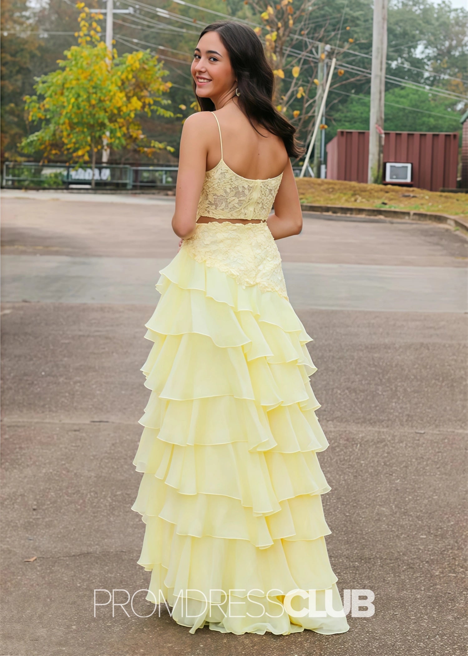 Hilary |Long Yellow Prom Dresses Stores With A Line Elegant Layered Lace Side Slit - Yellow - US0 - PromDressClub