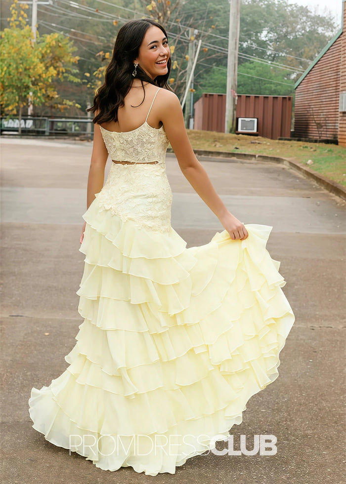Hilary |Long Yellow Prom Dresses Stores With A Line Elegant Layered Lace Side Slit - Price #price_variant_lowest# - Yellow - PromDressClub