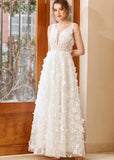 Honey | 3D Appliques Lace Corset V Neck White Tulle Wedding Dress with Open Back - White - PROMDRESS Club