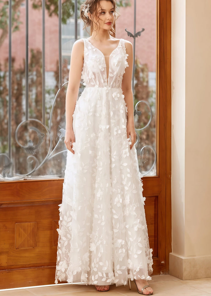 Honey | 3D Appliques Lace Corset V Neck White Tulle Wedding Dress with Open Back - Price #price_variant_lowest# - White - PromDressClub