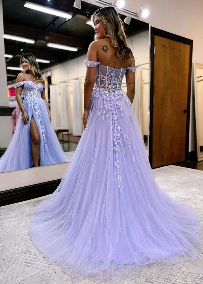 Honey | Lilac Ball Gown Princess Off the Shoulder Backless Prom Dress with Slits - Lilac - PromDressClub