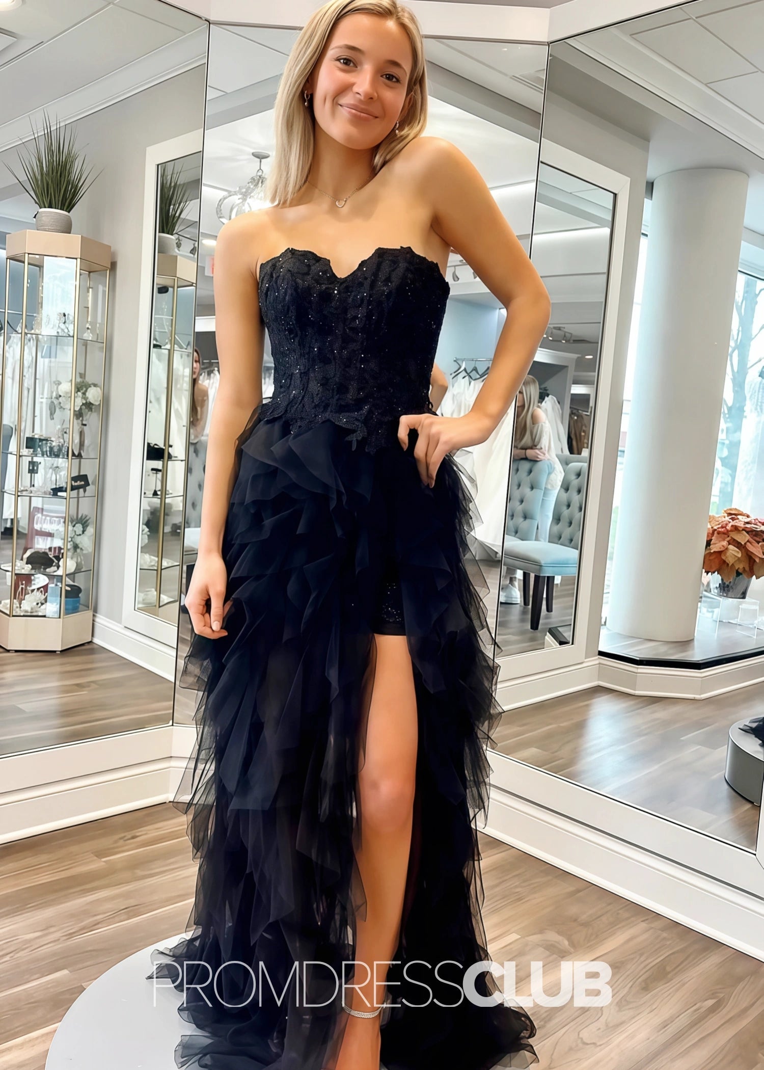 Hulda |Long Black Prom Dresses Websites With Mermaid Princess Strapless Beaded Lace Ruffle Tulle High Slit - Black - US0 - PromDressClub