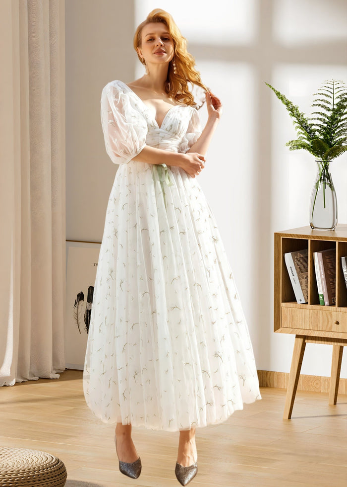 Hulda | Puff Sleeve V Neck Midi Floral Wedding Dress A Line - Price #price_variant_lowest# - Green Floral - PromDressClub