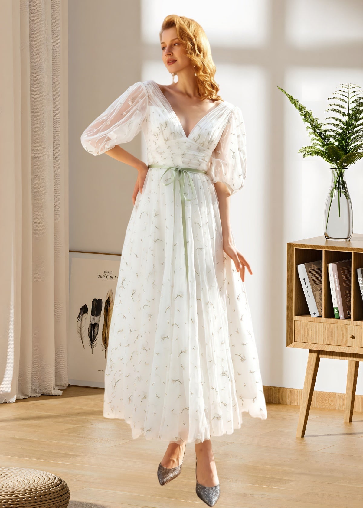 Hulda | Puff Sleeve V Neck Midi Floral Wedding Dress A Line - Green Floral - PROMDRESS Club