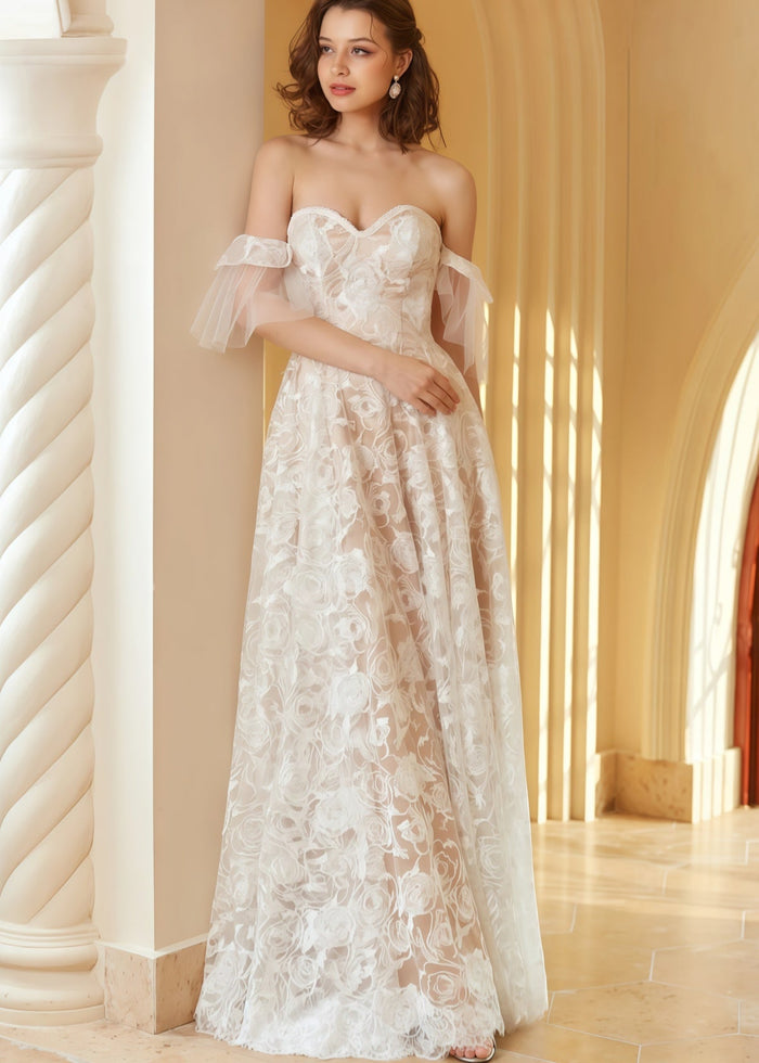 Ida | Beach A Line Off the Shoulder Lace White Wedding Dress with Backless - Price #price_variant_lowest# - White - PromDressClub