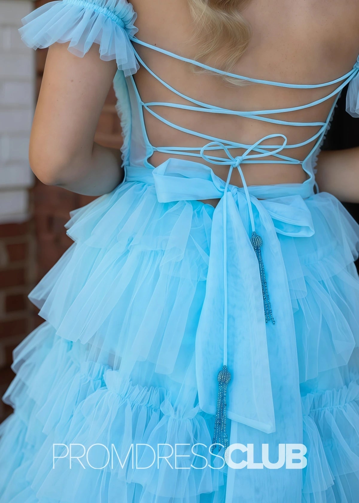 Ina | Appliqued Tiered Ruffles Royal Blue Tulle Maxi Prom Dress - Light Blue - PROMDRESS Club