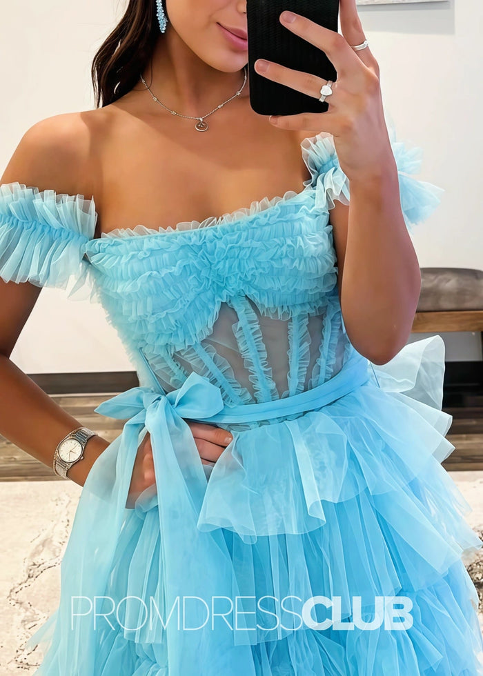 Ina | Appliqued Tiered Ruffles Royal Blue Tulle Maxi Prom Dress - Light Blue - PromDressClub