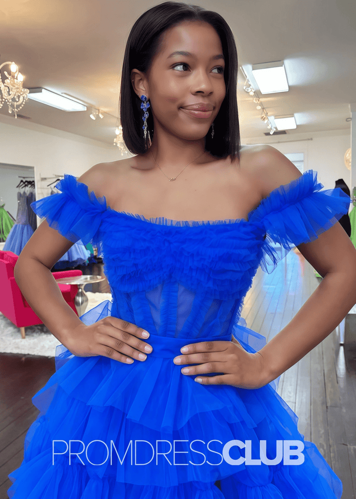 Ina | Appliqued Tiered Ruffles Royal Blue Tulle Maxi Prom Dress - Royal Blue - PromDressClub