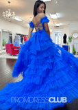 Ina | Appliqued Tiered Ruffles Royal Blue Tulle Maxi Prom Dress - Royal Blue - PROMDRESS Club