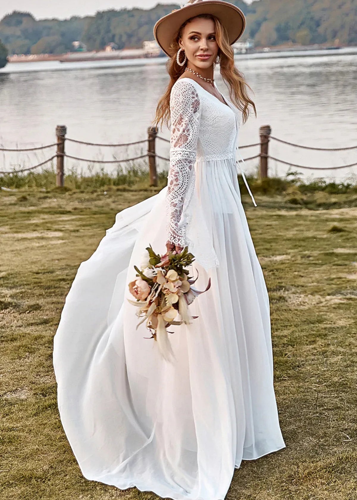 Ina | Boho Ivory Long Sleeve Wedding Dress with Slit - Ivory - PROMDRESS Club