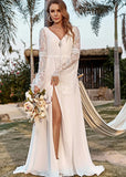 Ina | Boho Ivory Long Sleeve Wedding Dress with Slit - Ivory - PROMDRESS Club