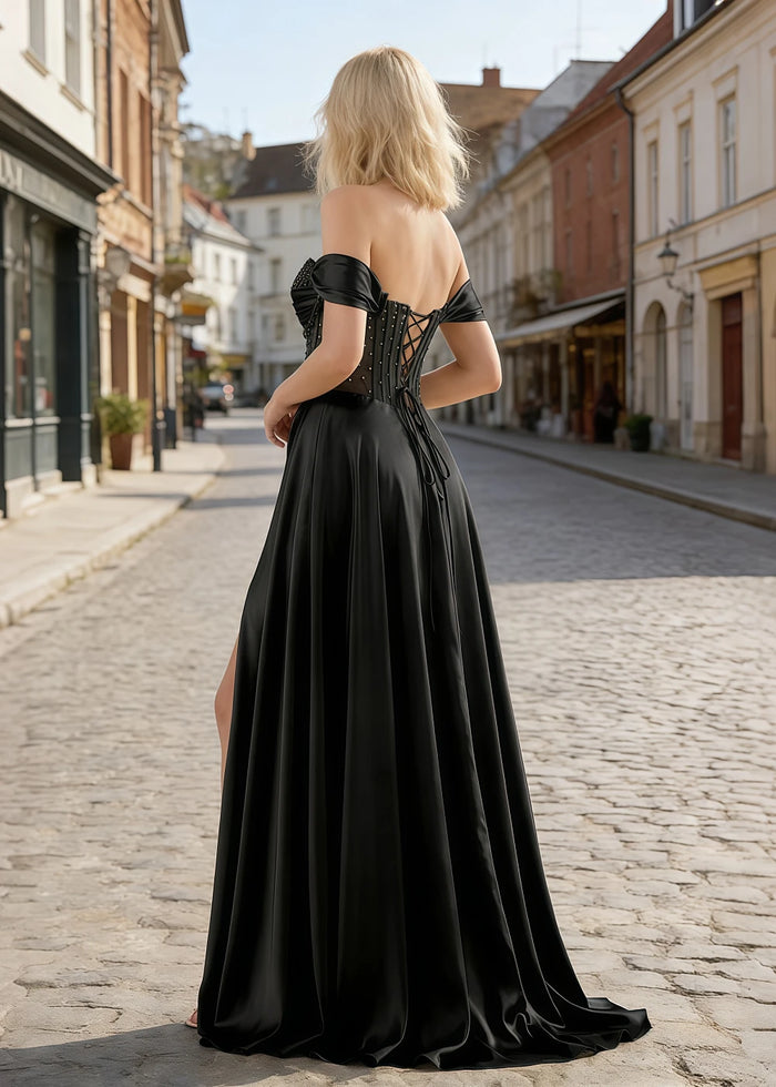 Inez Black Prom Off Shoulder Dress | A - Line Strapless Corset Beaded Satin Formal Dress with Slit - Black - PromDressClub