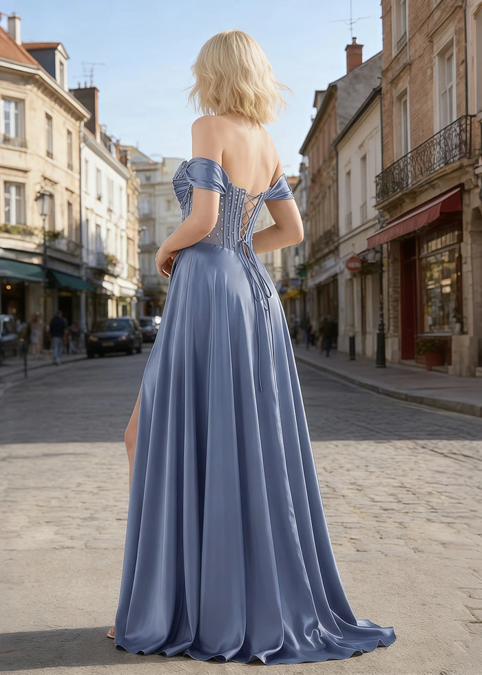 Inez Dusty Blue Prom Off Shoulder Dress | A - Line Strapless Corset Beaded Satin Formal Dress with Slit - Dusty Blue - PromDressClub