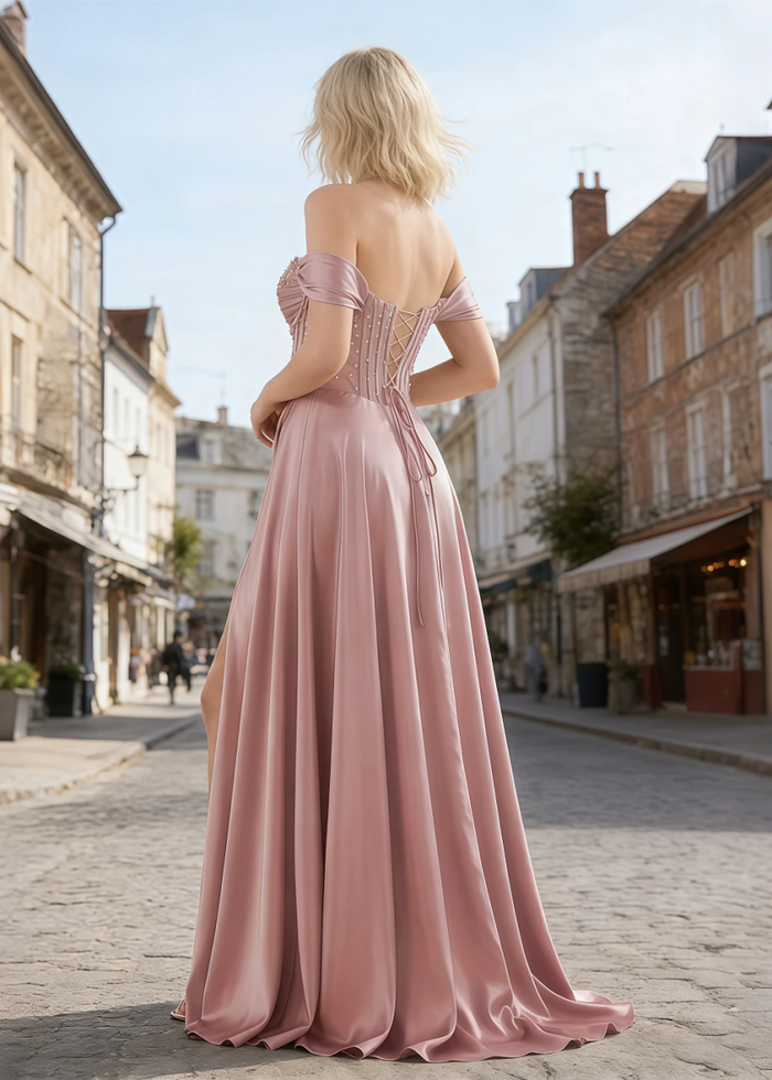 Inez Dusty Rose Prom Off Shoulder Dress | A - Line Strapless Corset Beaded Satin Formal Dress with Slit - Dusty Rose - PromDressClub