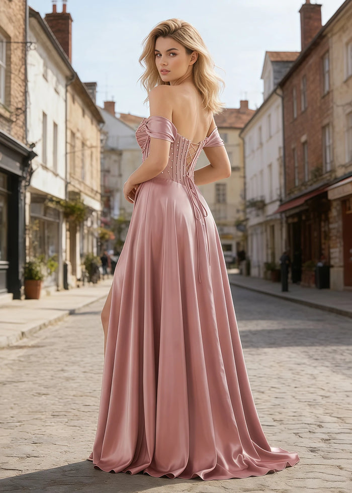 Inez Dusty Rose Prom Off Shoulder Dress | A - Line Strapless Corset Beaded Satin Formal Dress with Slit - Dusty Rose - PromDressClub