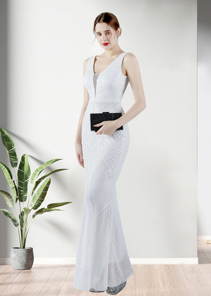 Ingrid | Mermaid V Neck Backless White Sequin Formal Dress - Price #price_variant_lowest# - White - PromDressClub