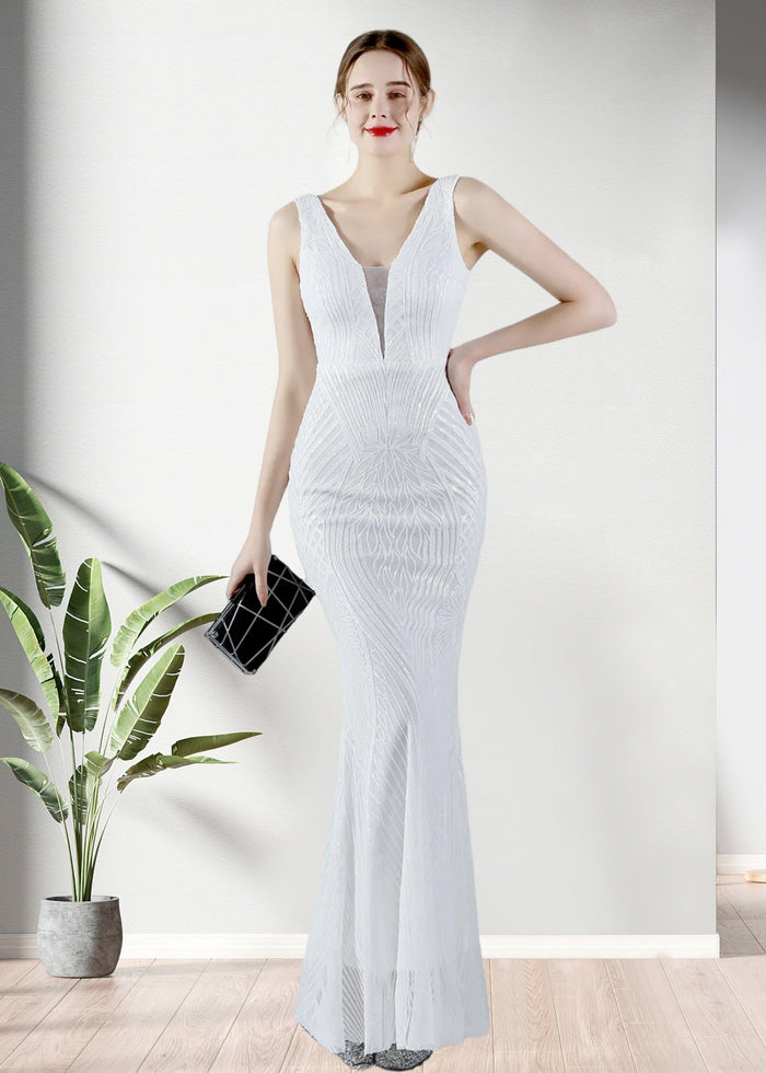 Ingrid | Mermaid V Neck Backless White Sequin Formal Dress - Price #price_variant_lowest# - White - PromDressClub