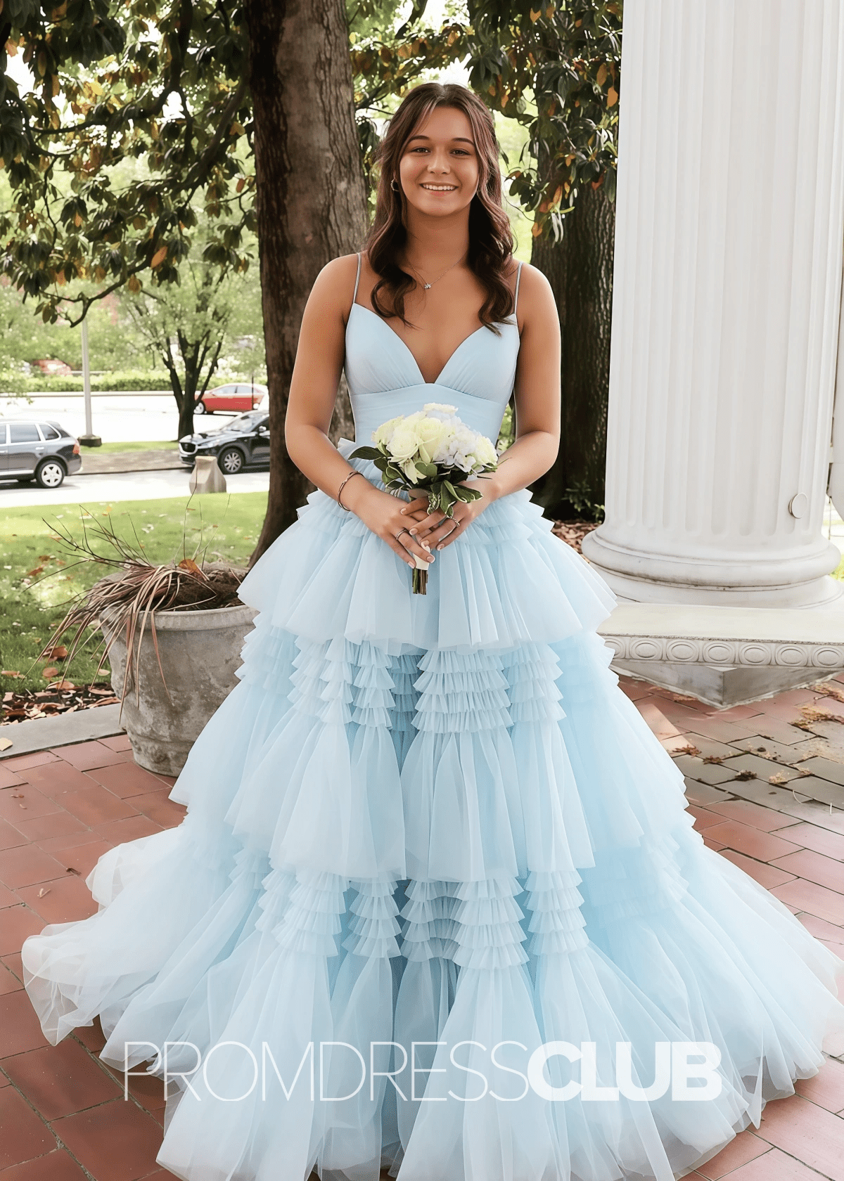 Ingrid | Tiered Pleats Ruffles Spaghetti Straps Red Tulle Prom Dress - Light Blue - PROMDRESS Club