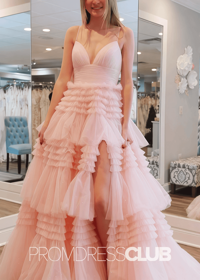 Ingrid | Tiered Pleats Ruffles Spaghetti Straps Red Tulle Prom Dress - Price #price_variant_lowest# - Light Pink - PromDressClub