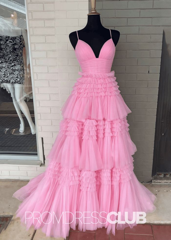Ingrid | Tiered Pleats Ruffles Spaghetti Straps Red Tulle Prom Dress - Pink - PromDressClub