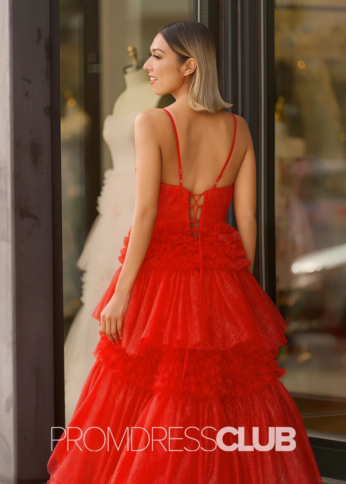 Ingrid | Tiered Pleats Ruffles Spaghetti Straps Red Tulle Prom Dress - Red - PROMDRESS Club