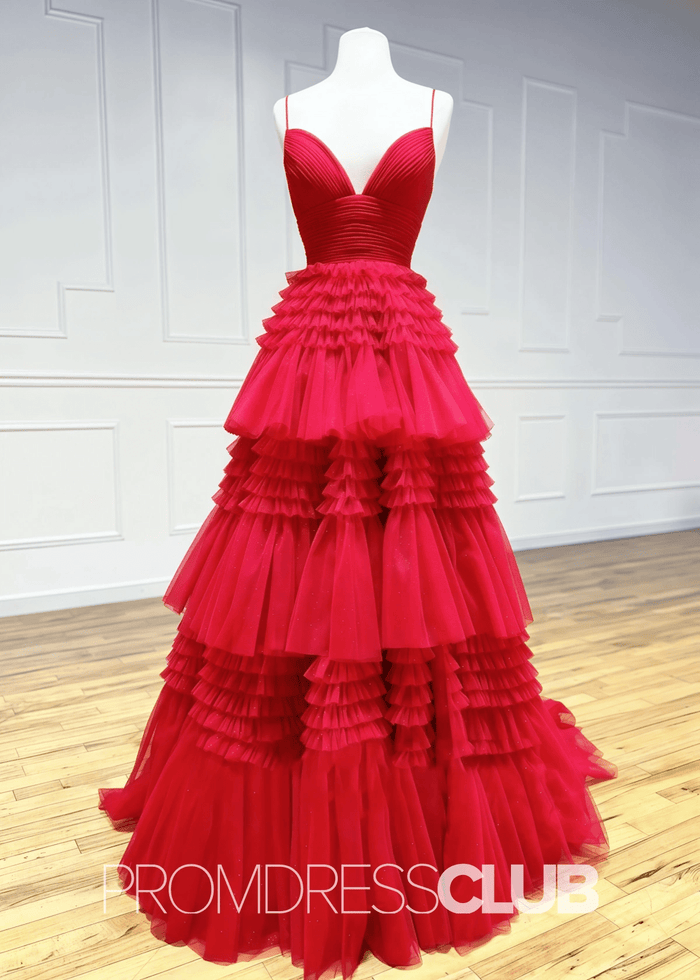 Ingrid | Tiered Pleats Ruffles Spaghetti Straps Red Tulle Prom Dress - Price #price_variant_lowest# - Red - PromDressClub