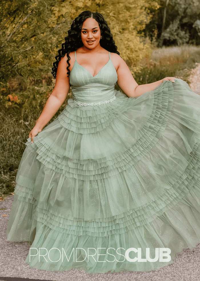 Ingrid | Tiered Pleats Ruffles Spaghetti Straps Red Tulle Prom Dress - Sage - PromDressClub