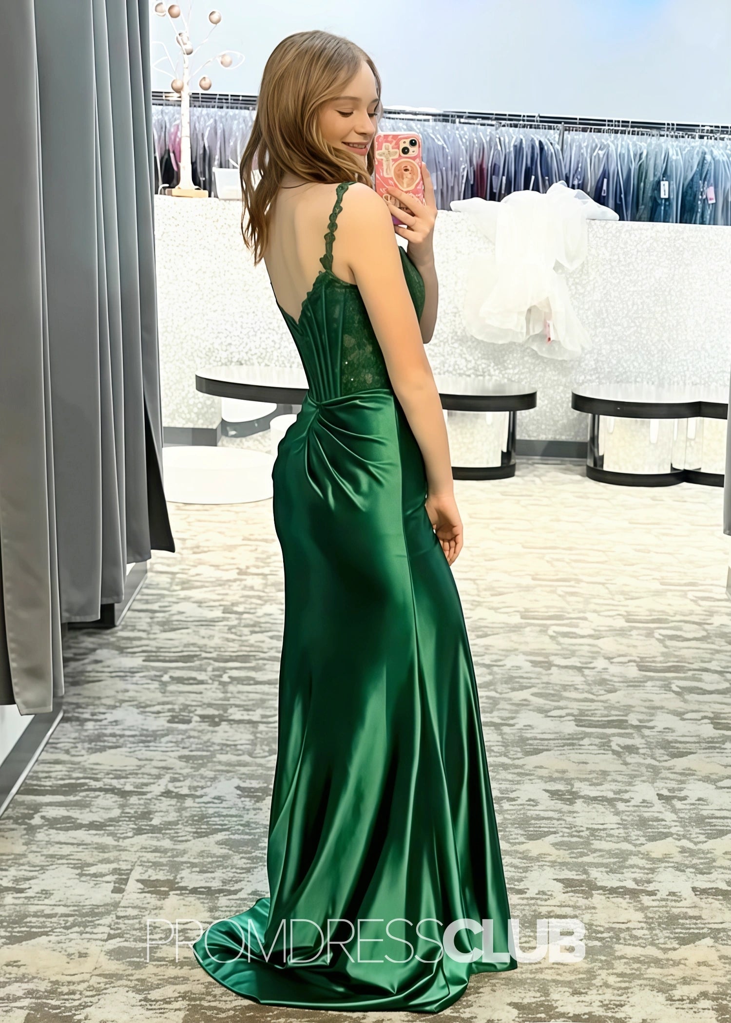 Iris |Long Green Prom Dresses Stores With Mermaid Strepless Lace Side Slit - Green - US0 - PromDressClub