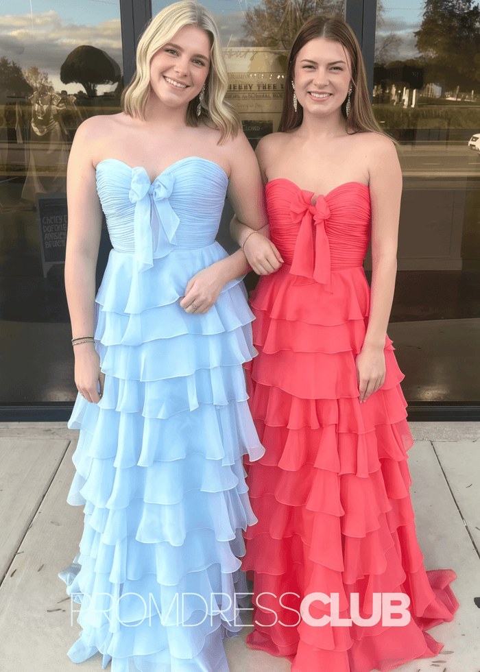 Iris | Tiered Ruffles Sweetheart Hot Pink Chiffon Prom Dress - Light Blue - PromDressClub