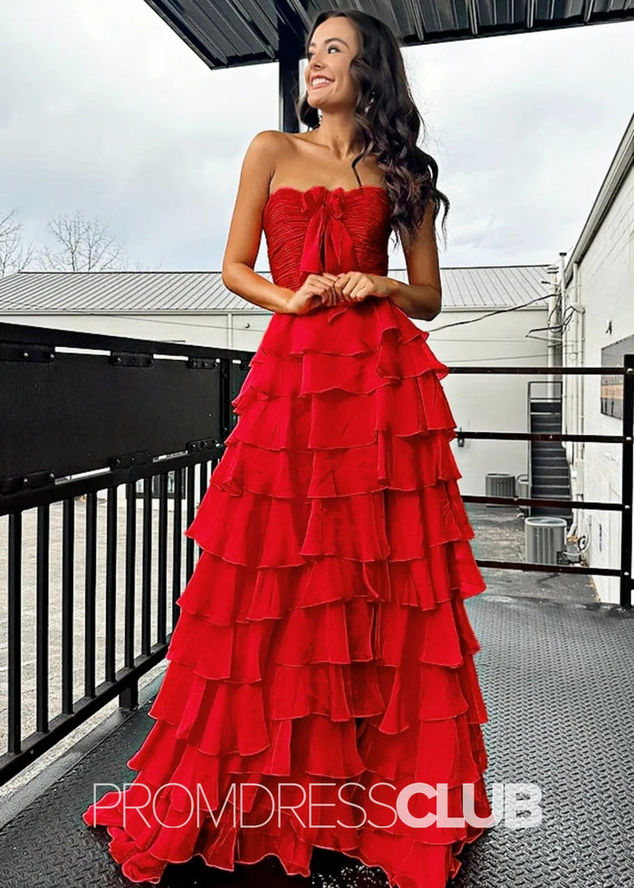 Iris | Tiered Ruffles Sweetheart Hot Pink Chiffon Prom Dress - Price #price_variant_lowest# - Red - PromDressClub