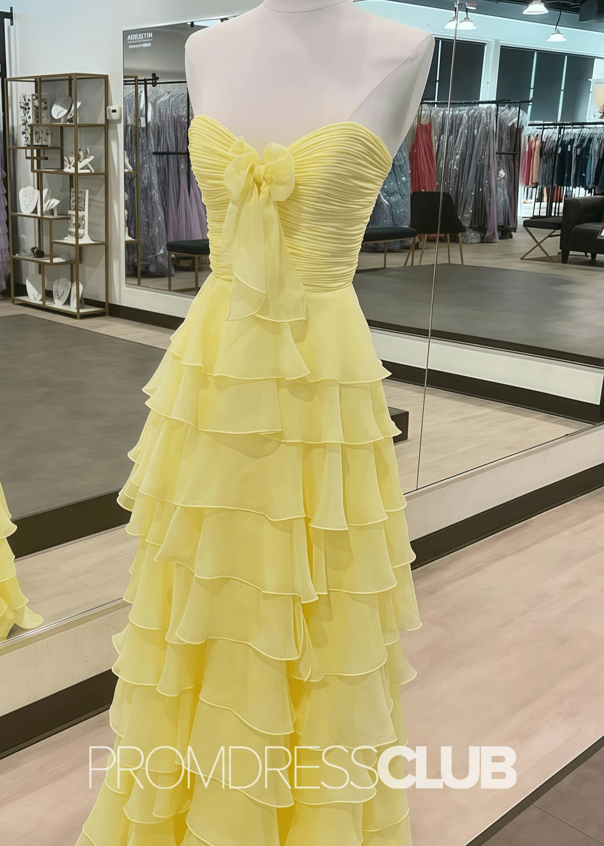 Iris | Tiered Ruffles Sweetheart Hot Pink Chiffon Prom Dress - Yellow - PROMDRESS Club